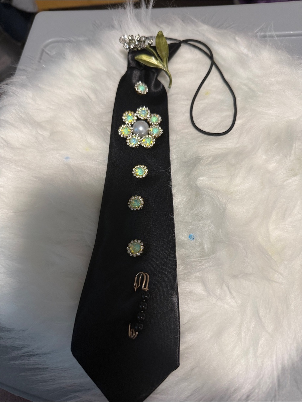 Black Satin Decorative Hair Tie with Opalescent Flower Accents